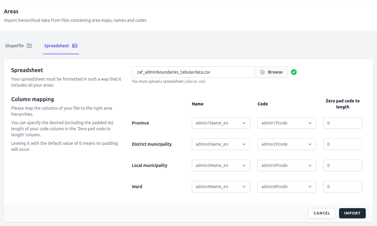 Importing areas from csv