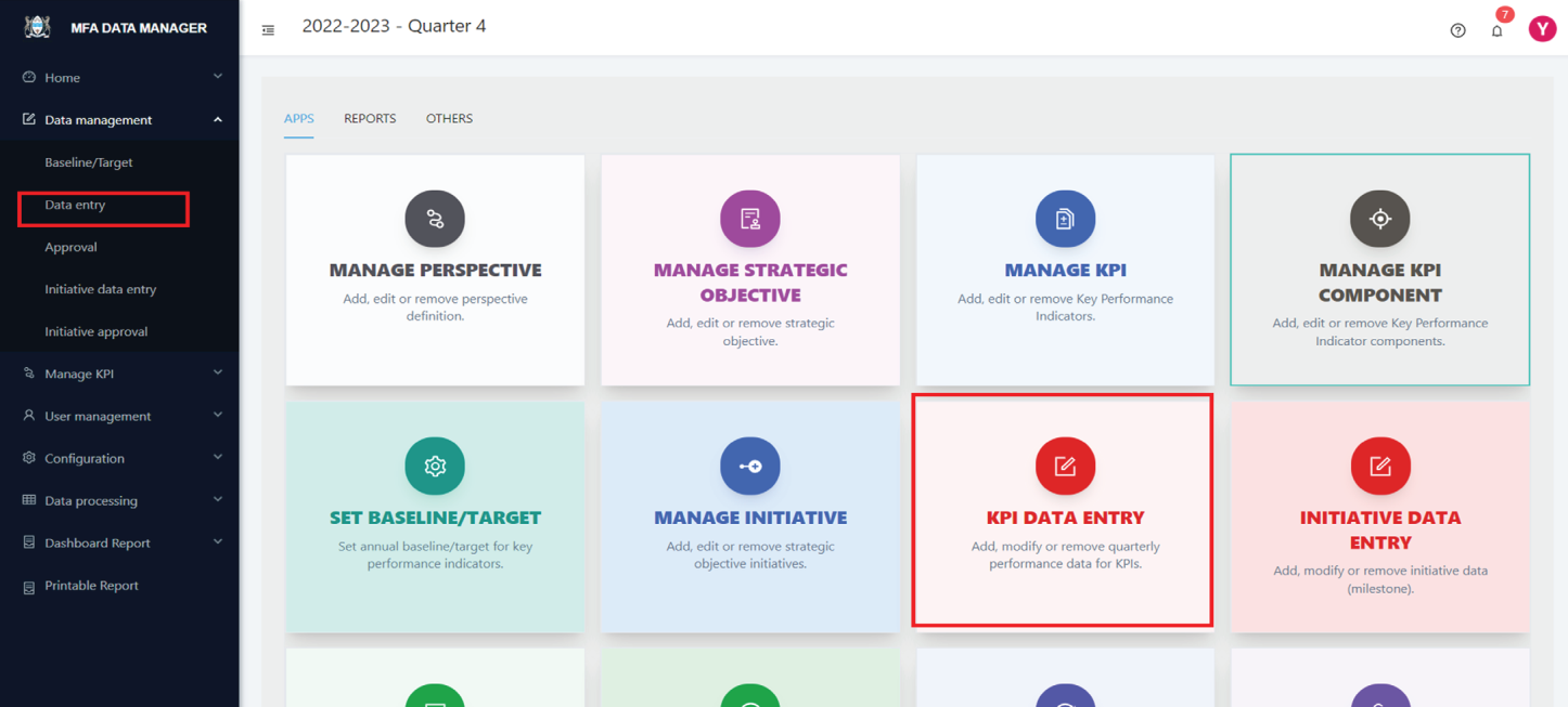 Dashboard Manager KPI Data Entry
